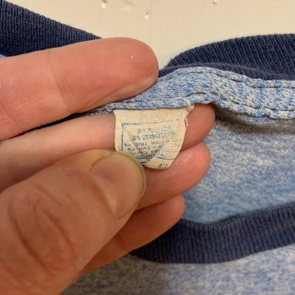 Vintage 70s 80s tee t-shirt single stitch ringer blue sailing boat nautical sz L - Picture 6 of 9